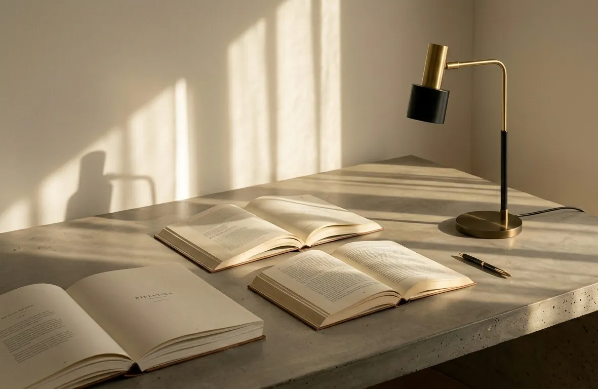 Desk with books, lamp, and sunlight